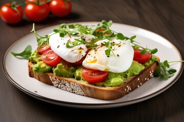 Fototapeta na wymiar Avocado toast, cut into pieces, arranged on a ceramic plate. Decorated with poached eggs, tomatoes and coriander, emphasizing freshness.