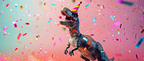 Naklejka premium Party dinosaur in a birthday hat celebrates with colorful confetti.