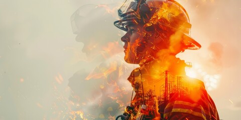 A firefighter is shown in a fiery scene