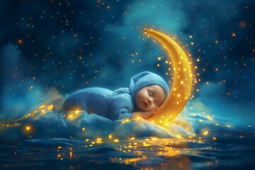 Slumbering infant on a moon in water