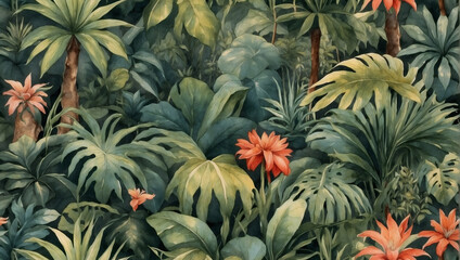 Watercolor wallpaper pattern featuring a jungle landscape in a nostalgic retro style.