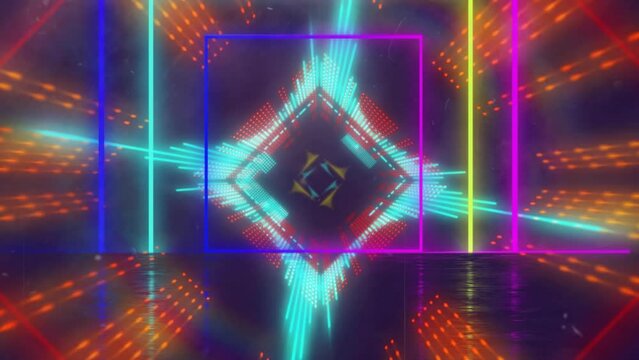 Animation of neon squares over kaleidoscopic coloured lights moving on dark background