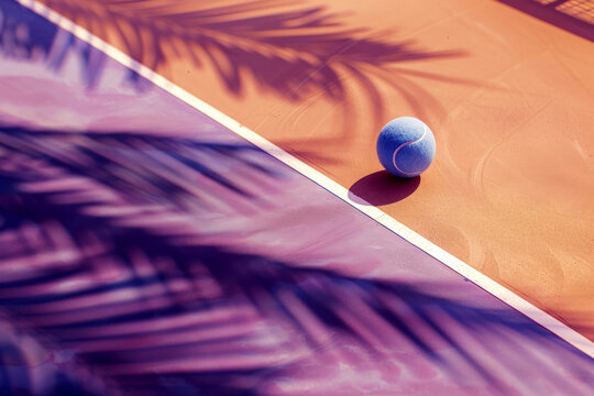 Artistic depiction of a blue ping pong ball on a vibrant court with palm shadows. Generative AI