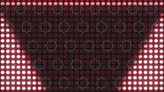 Animation of rotating triangle of white lights on red circular grid with star pattern