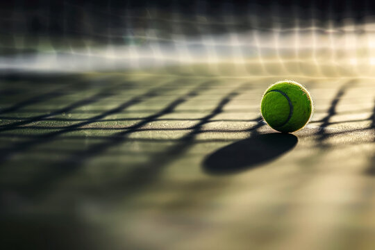 A tennis ball rests on a court, bathed in sunlight casting net shadows around. Generative AI crafted scene