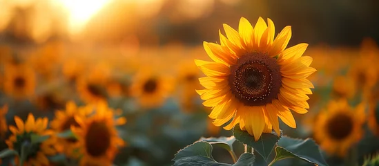 Rolgordijnen Field of sunflowers. Blossom sunflower flower close up. Yellow bright nature background. © elenabdesign