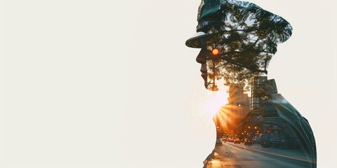 Policeman is silhouetted against a white background