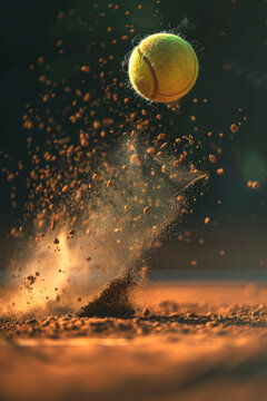 A tennis ball suspends in a burst of clay court dust at sunset, capturing the energy of impact. Generative AI