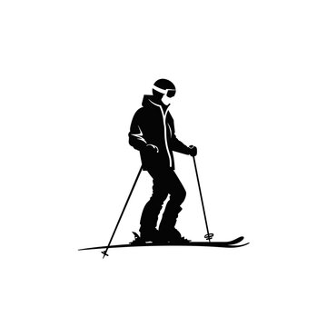 Silhouette of a skier, skiing figurine icone design, sign showing a person with a helmet, skis and holding ski poles, simple stylized drawing in black isolated on white or transparent background