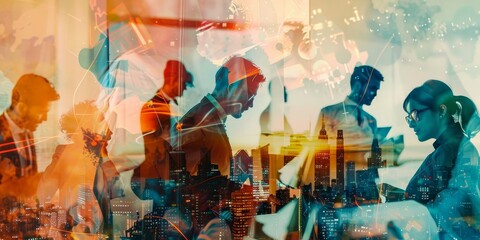 A group of people are silhouetted against a city skyline