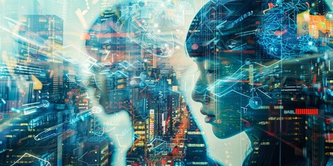 A woman's face is reflected in a cityscape