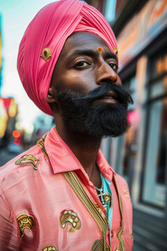 Vibrant portrait of a senior Sikh man with a colorful turban and traditional attire, symbolizing cultural pride. Generative AI