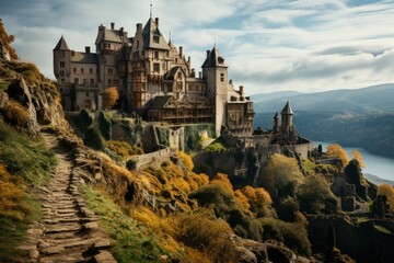 a castle is sitting on top of a hill next to a river - obrazy, fototapety, plakaty