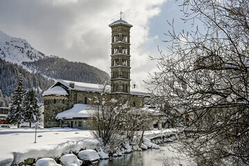 St. Moritz, Kirche, St. Karl Borromäus, Engadin, Oberengadin, St. Moritzersee, Winterwanderung, Winter, Schneedecke, Neuschnee, Winterlandschaft, Alpen, Graubünden, Schweiz