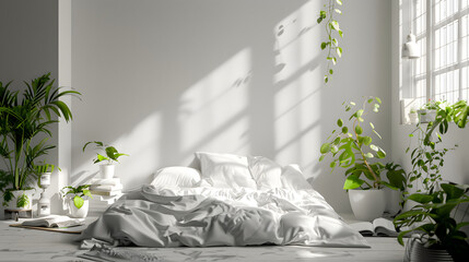 A peaceful bedroom scene with crisp white bedding and lush indoor plants highlighted by natural sunlight through the window - obrazy, fototapety, plakaty