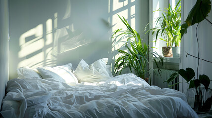 A fresh bedroom scene with morning light casting playful shadows over a comfortable white bed and indoor plants