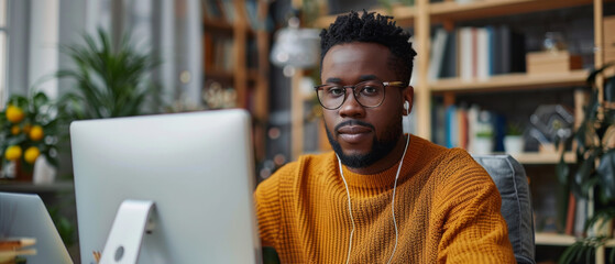 Naklejka premium Focused man working at a stylish office setup.