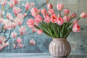 A vase filled with delicate pink tulips sits on a table, with a backdrop of soft focus pink blossoms
