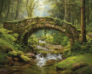 A mystical old stone bridge covered in moss spans a gentle forest stream surrounded by lush greenery in a serene woodland.