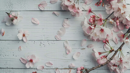 Rustic Elegance, Cherry Blossom Harmony on White Wooden Background