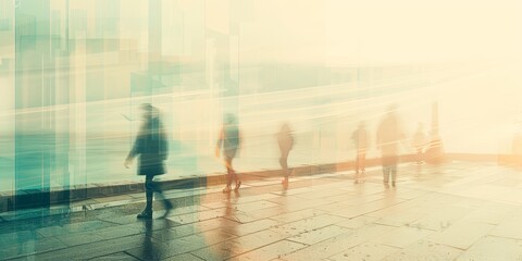 A blurry image of people walking on a sidewalk