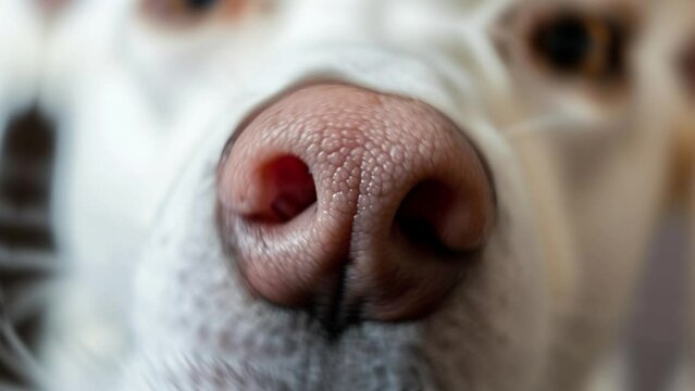 Set of dog noses. Horizontal video. A close-up detailed texture of a dogs nose, highlighting the intricate patterns and moist surface. Macro shot emphasizing the sensory organ of a canine, ideal for
