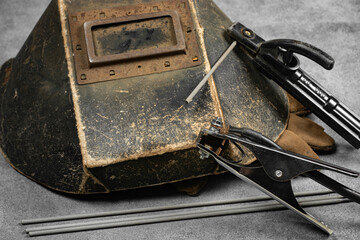 Old welding helmet close up.