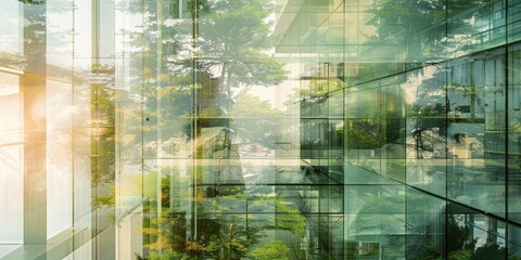 A glass building with a green forest inside
