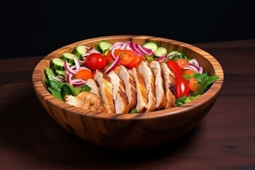 Chicken breast salad, colorful salad vegetables Topped with honey-lime salad dressing, placed in a wooden bowl,