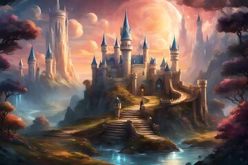 landscape with clouds, Embark on a journey to a magical realm with an enchanting illustration of a fantastic castle, generated by AI - obrazy, fototapety, plakaty
