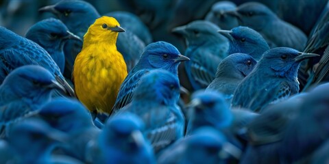 A single yellow bird among a flock of blue birds. - obrazy, fototapety, plakaty