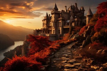 A castle perched on a hill overlooking a river under the glowing sunset sky - Powered by Adobe