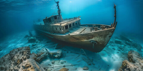 Old sunken ship at the bottom of the ocean - obrazy, fototapety, plakaty