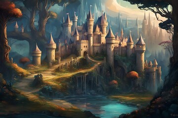 landscape with castle, Embark on a journey to a magical realm with an enchanting illustration of a...