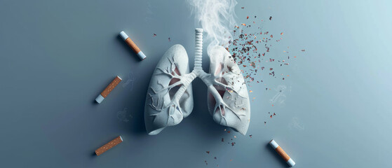 A conceptual image of a lung made of stone shattering from smoking.