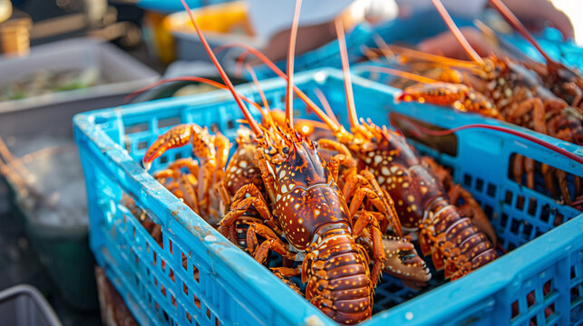 Fresh crayfish or kreef the latin name is Jasus lalandii also know as spiny rock lobster freshly caught from the ocean, seafood, in a blue crate