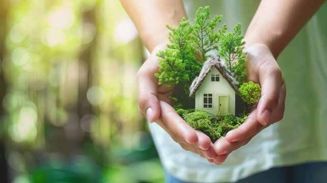 Conceptual image of a small eco-friendly house resting gently in the palms of hands, symbolizing protection, sustainability, and the dream of homeownership