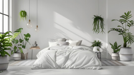 A bright, contemporary bedroom space emphasized by stylish hanging plants and natural light creating an inviting space