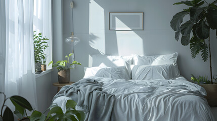 Sunlight filters through sheer curtains in a tranquil bedroom adorned with plants, highlighting a cozy sleeping space
