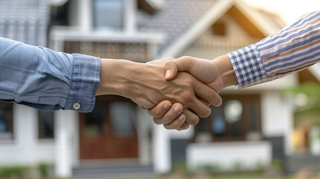 Two business people shaking hands as successful agreement in real estate agency office. Concept of housing purchase and insurance. 