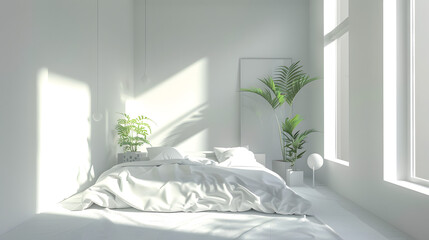 Morning sunlight floods a bright, airy bedroom, creating a fresh ambiance enhanced by indoor plants
