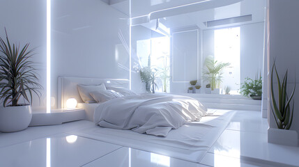 Fototapeta na wymiar A modern, high-contrast bedroom with white glossy surfaces and neon lighting, featuring a futuristic interior design style