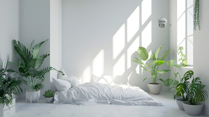 An airy modern bedroom with white decor featuring large windows, plants, and a comfortable bed reflecting a minimalist lifestyle
