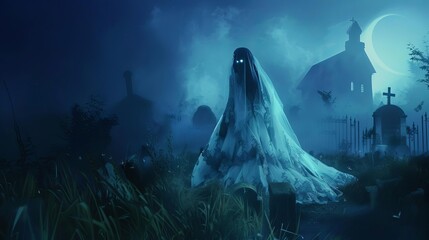haunting ghost bride in a foggy graveyard at midnight, with a tattered wedding dress and glowing eyes, horror digital illustration - obrazy, fototapety, plakaty