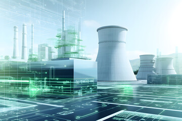 Double exposure of nuclear power plant and digital interface hologram
