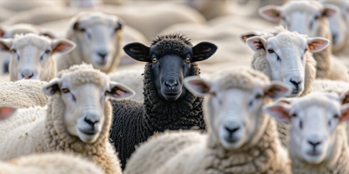 Black sheep standing out in a crowd of white sheep