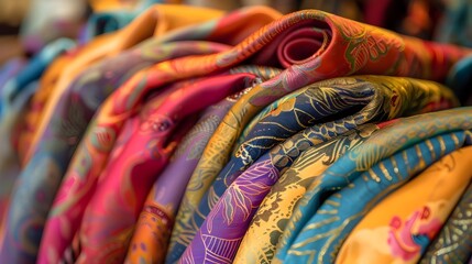 Vibrant Fabric Market Showcasing Lyons Rich Silk Scarf Tradition - obrazy, fototapety, plakaty