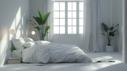 Cozy, modern bedroom with white walls, a comfortable bed, and shadows cast by sunlight through a window