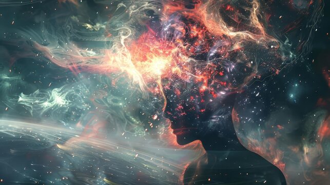 Imaginative concept art illustrating the collective human mind, visualized as an exploding mind in a cosmic setting, capturing the vastness of thoughts, emotions, and the creative process