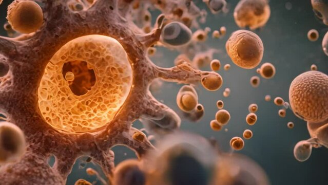 Molecule, a microscopic life. A detailed illustration of cells, showcasing a large cell with intricate structures surrounded by smaller cells in a biological environment. Concept- Cellular complexity